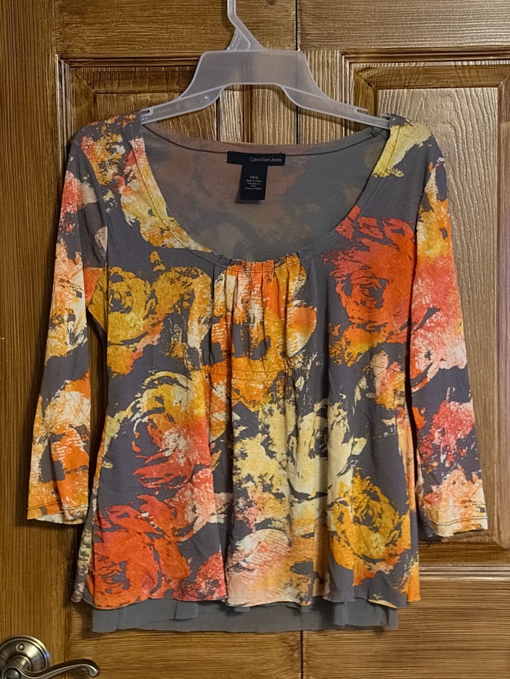 Calvin Klein Jeans Gray Floral Scoop Neck Blouse with Orange & Yellow Print